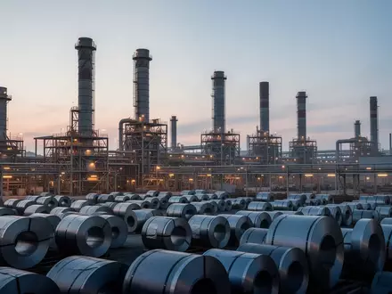 Weite Ansicht einer modernen Stahlproduktion mit Stahlrollen in einer Industrieanlage bei Dämmerung. - Foto: über boerse-global.de