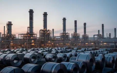 Weite Ansicht einer modernen Stahlproduktion mit Stahlrollen in einer Industrieanlage bei Dämmerung. - Foto: über boerse-global.de