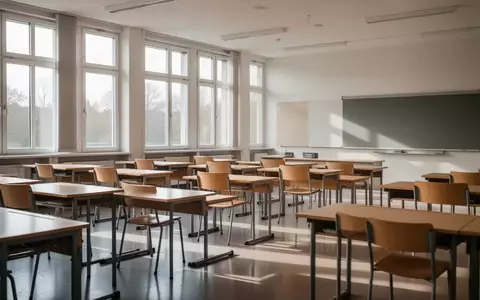 Ein leerer Klassenraum mit Holzschreibtischen und Stühlen in einer modernen Schule, Tageslichteinfall durch große Fenster. - Foto: über boerse-global.de