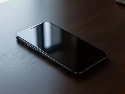 Ein modernes Smartphone mit ausgeschaltetem, dunklem Display auf einem hölzernen Schreibtisch. - Foto: über boerse-global.de
