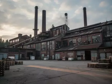 Ein stillgelegtes Fabrikgebäude einer Kartonfabrik mit hohen Schornsteinen in einer bewaldeten Umgebung bei Dämmerung. - Foto: über boerse-global.de