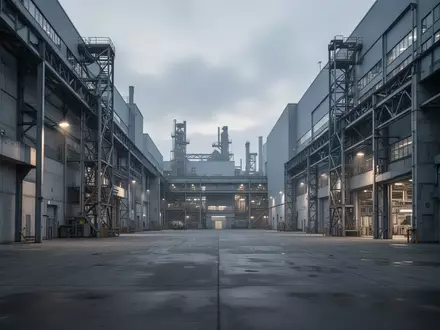 Außenansicht eines modernen VW-Automobilwerkes bei Dämmerung mit Fabrikhallen und leerem Werksgelände. - Foto: über boerse-global.de