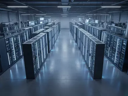 Reihen von leuchtenden Server-Racks in einem modernen Rechenzentrum als Symbol für KI-Infrastruktur. - Foto: über boerse-global.de