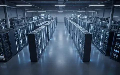 Reihen von leuchtenden Server-Racks in einem modernen Rechenzentrum als Symbol für KI-Infrastruktur. - Foto: über boerse-global.de