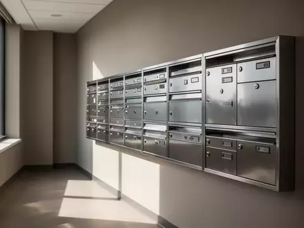 Eine Reihe leerer, metallischer Briefkästen in einem modernen Büroflur bei natürlichem Lichteinfall. - Foto: über boerse-global.de
