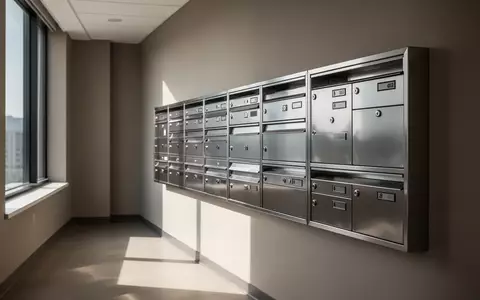 Eine Reihe leerer, metallischer Briefkästen in einem modernen Büroflur bei natürlichem Lichteinfall. - Foto: über boerse-global.de