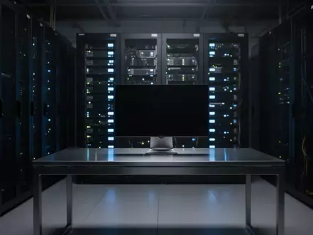 Ein dunkler, moderner Serverraum mit leuchtenden blauen Status-LEDs und einem unbenutzten, ausgeschalteten Arbeitsplatz. - Foto: über boerse-global.de