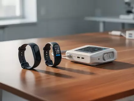 Zwei verschiedene Wearables und ein klinischer Sensor liegen ordentlich auf einem Schreibtisch in einem Forschungslabor. - Foto: über boerse-global.de