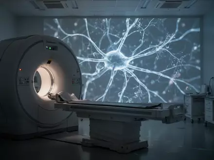 Ein hochmodernes MRT-Gerät in einem neurologischen Forschungslabor mit einer abstrakten Visualisierung neuronaler Bahnen. - Foto: über boerse-global.de