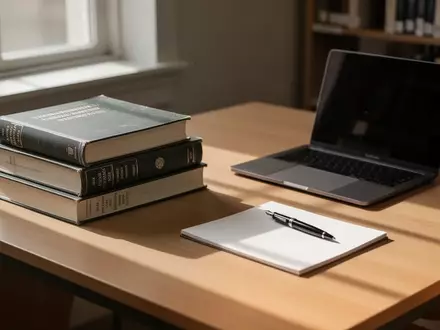 Ein ordentlicher Schreibtisch in einer Universitätsbibliothek mit Fachbüchern, einem geschlossenen Laptop und einem Notizblock. - Foto: über boerse-global.de