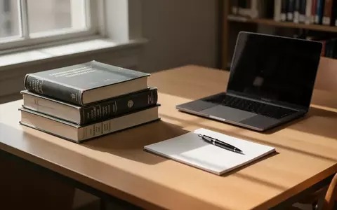 Ein ordentlicher Schreibtisch in einer Universitätsbibliothek mit Fachbüchern, einem geschlossenen Laptop und einem Notizblock. - Foto: über boerse-global.de