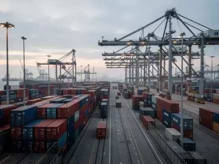 Blick auf einen stillgelegten Containerterminal in einem deutschen Seehafen mit großen Verladekränen bei Dämmerung. - Foto: über boerse-global.de