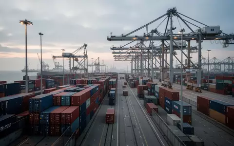Blick auf einen stillgelegten Containerterminal in einem deutschen Seehafen mit großen Verladekränen bei Dämmerung. - Foto: über boerse-global.de