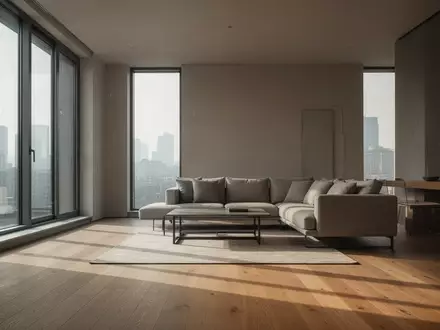 Ein minimalistisch eingerichtetes Wohnzimmer mit großen Fenstern und natürlichem Tageslicht. - Foto: über boerse-global.de