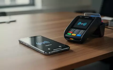 Ein modernes Smartphone liegt neben einem kontaktlosen Zahlungsterminal auf einem Holztisch. - Foto: über boerse-global.de