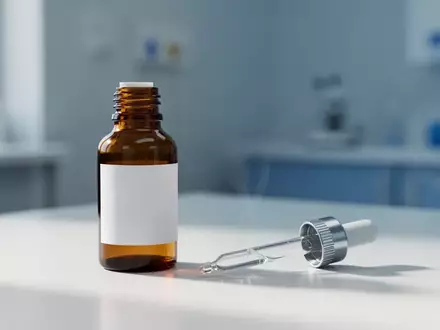 Eine bernsteinfarbene Medizinflasche mit Pipette auf einer sterilen Laboroberfläche vor neutralem, unscharfem Hintergrund. - Foto: über boerse-global.de