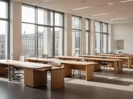Leeres, helles Büro in einer deutschen Kommunalverwaltung mit modernen Schreibtischen und großen Fenstern. - Foto: über boerse-global.de