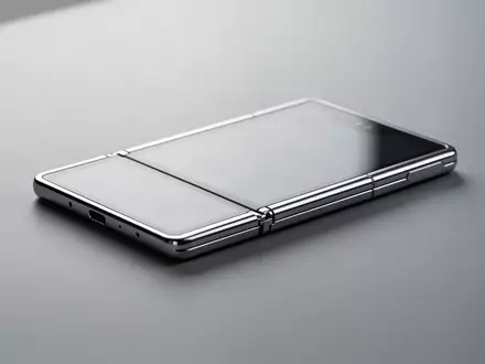 Ein ultradünnes, zusammengeklapptes Smartphone-Modell liegt auf einer matten, grauen Oberfläche in einer minimalistischen Studio-Umgebung. - Foto: über boerse-global.de