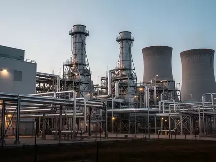 Modernes Gaskraftwerk in der Dämmerung mit technischer Infrastruktur und Rohrleitungen. - Foto: über boerse-global.de