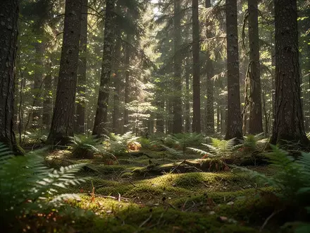 Ein sonnendurchfluteter Waldweg mit dichtem Unterholz und Farnen in einem deutschen Mischwald. - Foto: über boerse-global.de