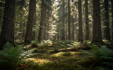 Ein sonnendurchfluteter Waldweg mit dichtem Unterholz und Farnen in einem deutschen Mischwald. - Foto: über boerse-global.de