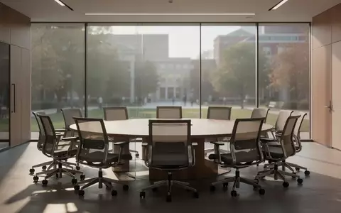 Ein leerer, moderner Konferenzraum mit Glasfronten und Blick auf einen sonnigen Campus. - Foto: über boerse-global.de