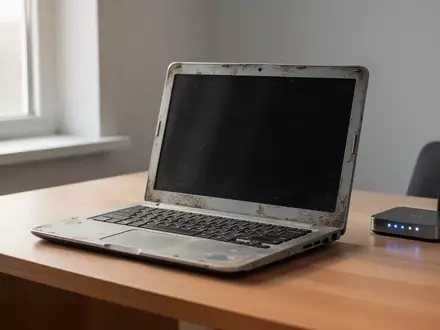 Ein älterer Laptop auf einem Schreibtisch neben einem Internet-Router bei natürlichem Lichteinfall. - Foto: über boerse-global.de