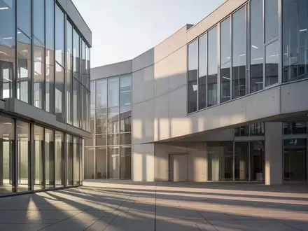 Moderne Glas- und Betonfassade eines Bürogebäudes bei klarem Morgenlicht ohne Personen oder Schriftzüge. - Foto: über boerse-global.de