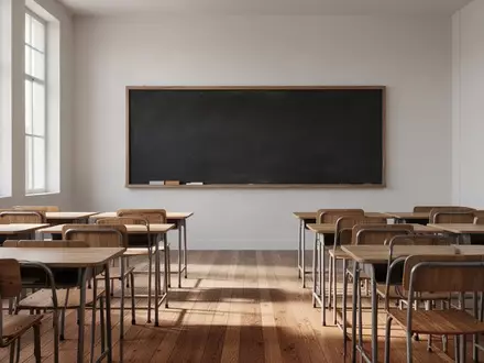 Leeres Klassenzimmer mit Holztischen und einer leeren Tafel in einem hellen, sonnendurchfluteten Raum. - Foto: über boerse-global.de