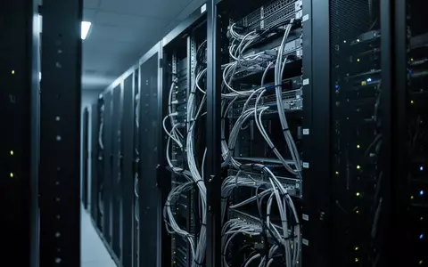 Reihen von Server-Racks in einem modernen Rechenzentrum, beleuchtet durch kühles blaues Licht. - Foto: über boerse-global.de
