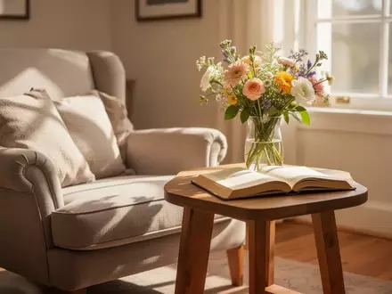 Ein sonnendurchflutetes Wohnzimmer mit einem bequemen Sessel und einem offenen Buch auf einem Beistelltisch. - Foto: über boerse-global.de