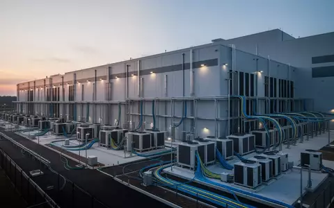 Moderne Rechenzentrumsanlage mit technischer Infrastruktur bei Dämmerung. - Foto: über boerse-global.de