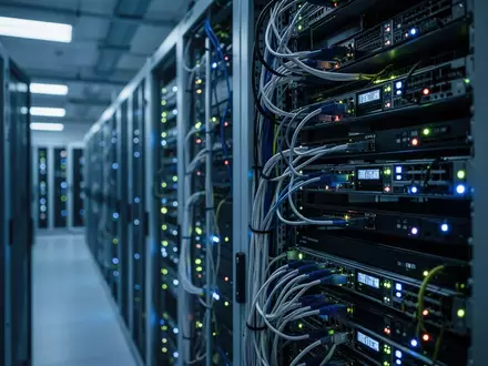 Moderne Serverarchitektur in einem Rechenzentrum mit leuchtenden Hardware-Komponenten und Verkabelungen. - Foto: über boerse-global.de