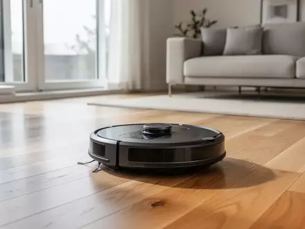 Ein moderner Saug- und Wischroboter steht auf einem hellen Holzboden in einem minimalistisch eingerichteten Wohnraum. - Foto: über boerse-global.de