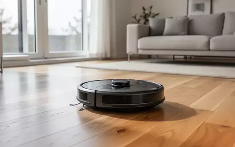 Ein moderner Saug- und Wischroboter steht auf einem hellen Holzboden in einem minimalistisch eingerichteten Wohnraum. - Foto: über boerse-global.de