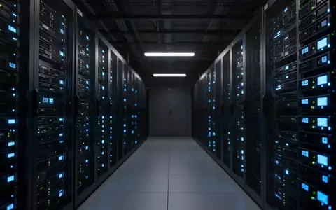 Dunkler Serverraum mit leuchtenden blauen Statusanzeigen an Rack-Systemen in einem Rechenzentrum. - Foto: über boerse-global.de