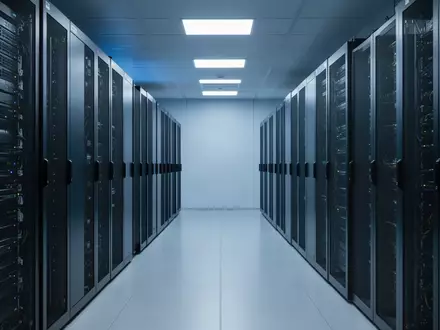 Modernes Rechenzentrum mit in Reihen angeordneten, dunklen Server-Schränken in einer minimalistischen Umgebung. - Foto: über boerse-global.de