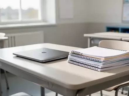 Ein aufgeräumter Schreibtisch in einem modernen Klassenzimmer mit einem geschlossenen Laptop und Notizbüchern. - Foto: über boerse-global.de