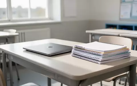 Ein aufgeräumter Schreibtisch in einem modernen Klassenzimmer mit einem geschlossenen Laptop und Notizbüchern. - Foto: über boerse-global.de