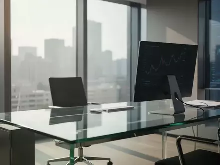 Ein minimalistischer Büroschreibtisch mit einem ausgeschalteten Monitor in einer modernen, professionellen Umgebung. - Foto: über boerse-global.de