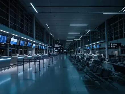 Leere Abflughalle eines modernen Flughafens bei Nacht mit bläulicher Beleuchtung und unbesetzten Check-in-Schaltern. - Foto: über boerse-global.de