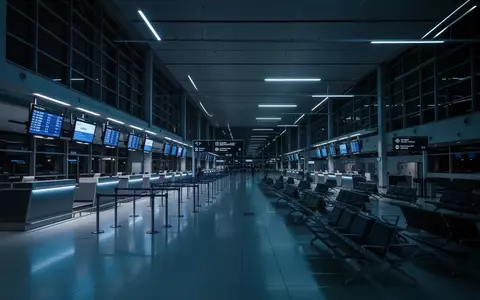 Leere Abflughalle eines modernen Flughafens bei Nacht mit bläulicher Beleuchtung und unbesetzten Check-in-Schaltern. - Foto: über boerse-global.de