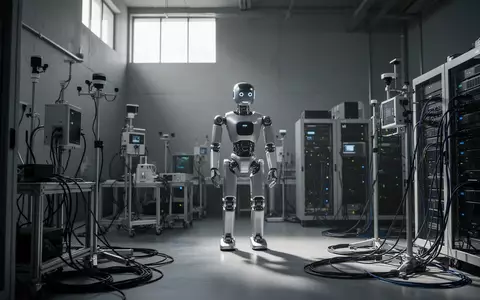 Ein humanoider Roboter in einem modernen Forschungslabor vor technischer Infrastruktur und Servern. - Foto: über boerse-global.de