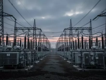 Ein großes Umspannwerk mit Hochspannungsmasten und Transformatoren bei Dämmerung. - Foto: über boerse-global.de