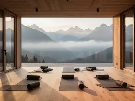 Leere Yoga-Matten auf einer Holzterrasse vor einer nebligen Alpenkulisse im sanften Licht der Morgensonne. - Foto: über boerse-global.de