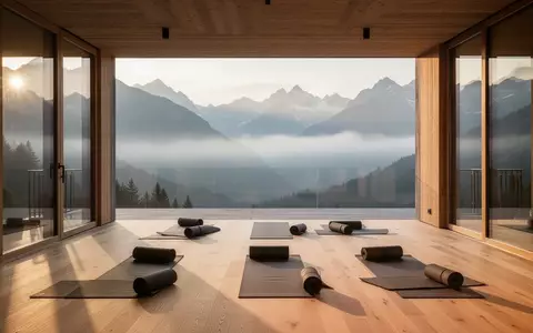 Leere Yoga-Matten auf einer Holzterrasse vor einer nebligen Alpenkulisse im sanften Licht der Morgensonne. - Foto: über boerse-global.de