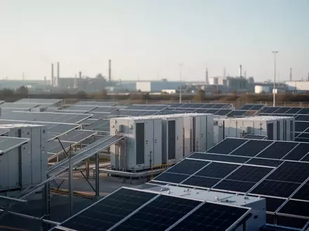Moderne industrielle Energiespeicheranlage auf einem Firmengelände unter klarem Himmel. - Foto: über boerse-global.de
