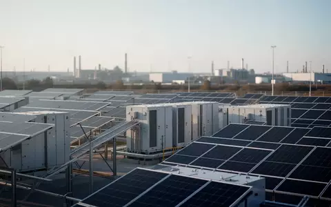 Moderne industrielle Energiespeicheranlage auf einem Firmengelände unter klarem Himmel. - Foto: über boerse-global.de