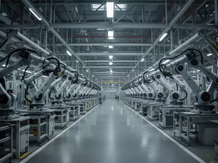 Leere, moderne Automobil-Produktionshalle mit unbesetzten Montagelinien und industrieller Stahlstruktur. - Foto: über boerse-global.de