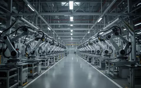 Leere, moderne Automobil-Produktionshalle mit unbesetzten Montagelinien und industrieller Stahlstruktur. - Foto: über boerse-global.de